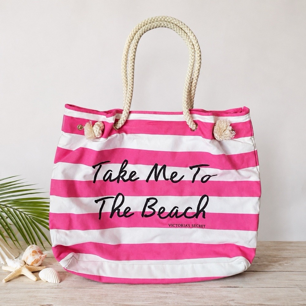 Victorias Secret Canvas Tote Bag Large Striped Pink White Shopping Beach